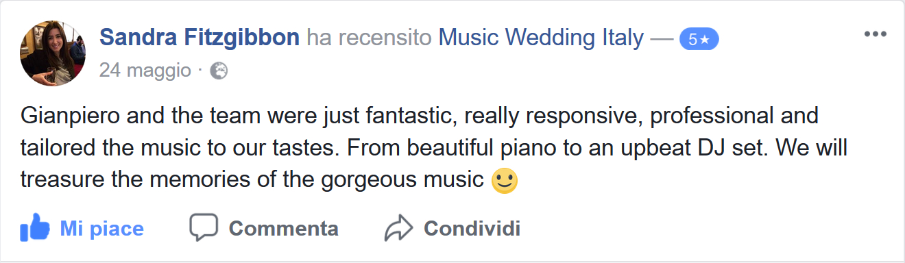 Sandra Fitzgibbon testimonials: Gianpiero and the team were just fantastic, really responsive, professional and tailored the music to our tastes. From beautiful piano to an upbeat Dj set. we will treausre the memories of the georgeous music