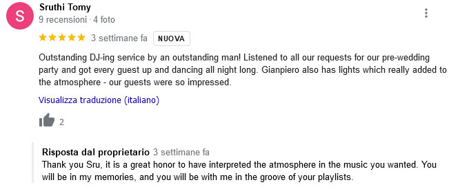 Indian wedding in Italy, Sruthi the bride review italian wedding dj Gianpiero Fatica