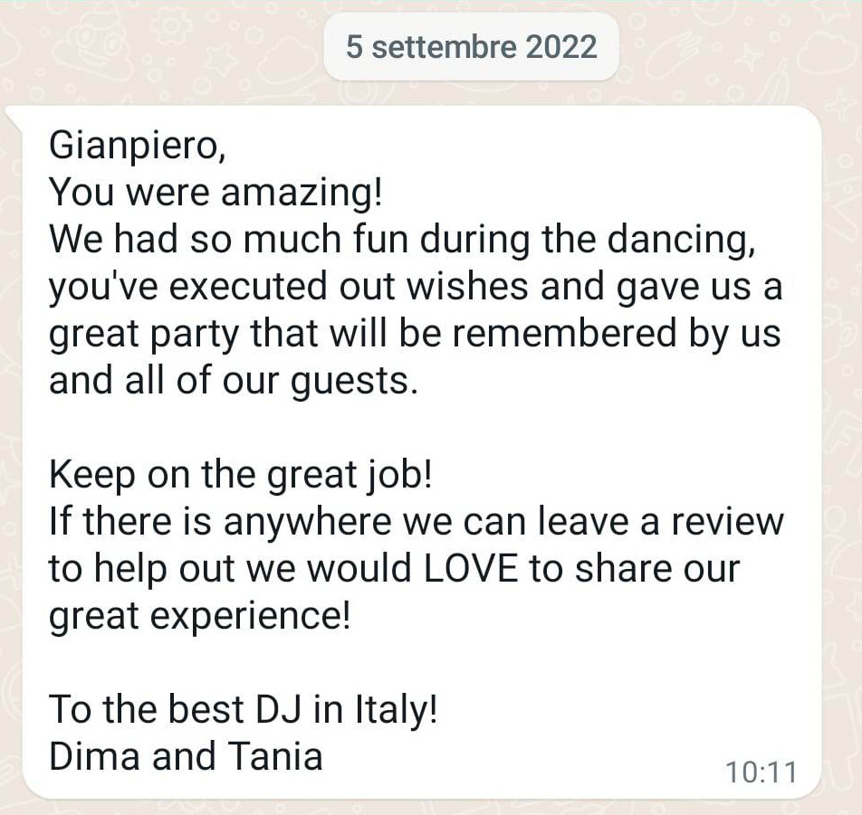 Jewish wedding in Italy, Dima and Tania they review the weddingdj Gianpiero Fatica