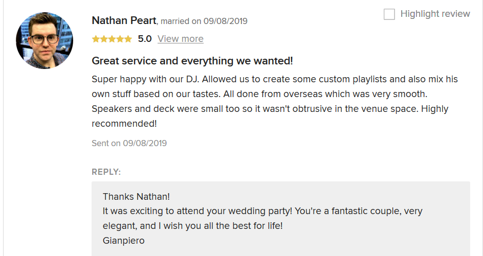 Nathan Pear review the italian wedding dj Gianpiero Fatica